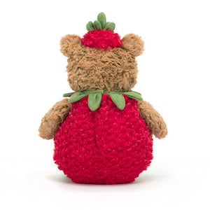Back View: Bartholomew Bear in disguise! This cuddly bear hides a sweet surprise under his green collared strawberry hat.