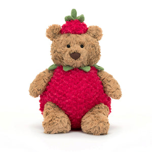 Front-On: Adorably fuzzy Bartholomew Bear Strawberry with a removable red strawberry costume and a happy grin.