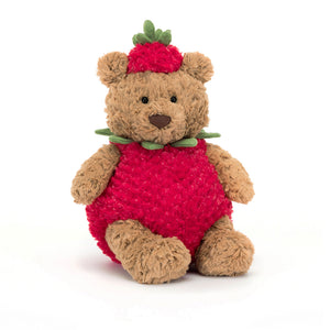 At An Angle: Playful Bartholomew Bear peeks out from his yummy red strawberry hood, ready for summer adventures.