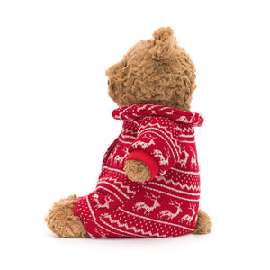 Side view of Jellycat Bartholomew Bear Winter Pyjamas plush toy, highlighting his soft fur and the details of his onesie.