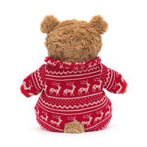 Back view of Jellycat Bartholomew Bear Winter Pyjamas plush toy, showing the full length of his tail and the leaping reindeer pattern on his onesie.