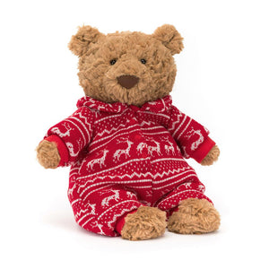 Front view of Jellycat Bartholomew Bear Winter Pyjamas plush toy, showcasing his adorable face and festive pajamas.