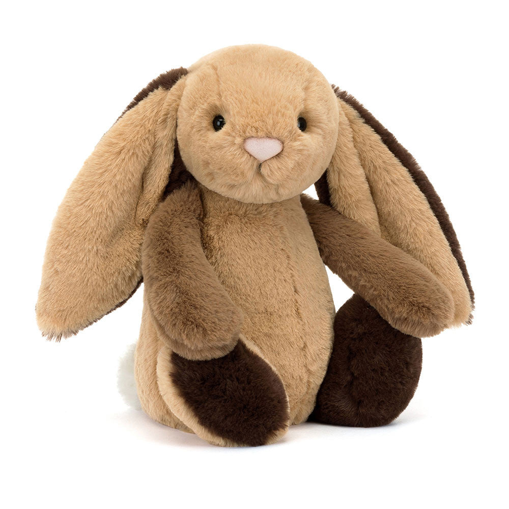 Front view of Jellycat Bashful Patchwork Brown Bunny - a soft plush toy with brown fur, floppy ears, and a white fluffy tail.