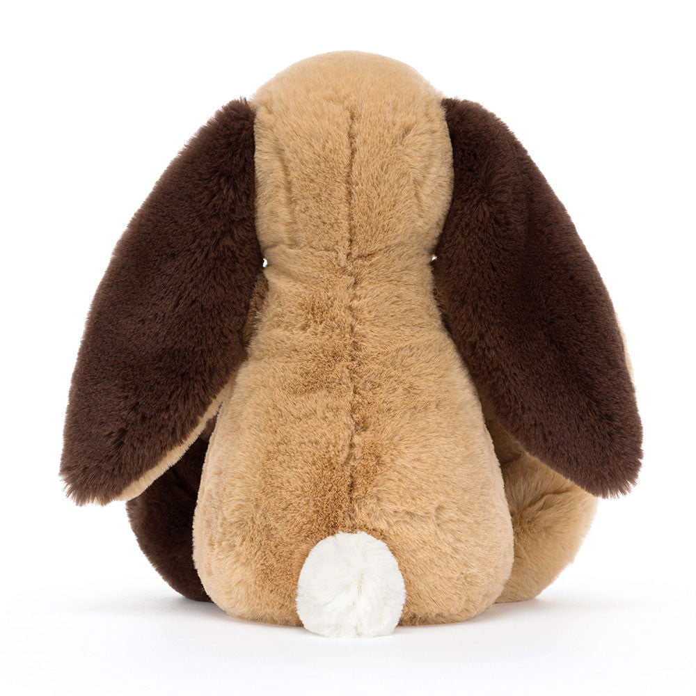Back view of Jellycat Bashful Patchwork Brown Bunny - featuring long floppy ears, a fluffy white tail, and soft fur.
