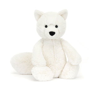 Front view of Jellycat Bashful Arctic Fox plush toy, highlighting his bright eyes and strokeable snout.