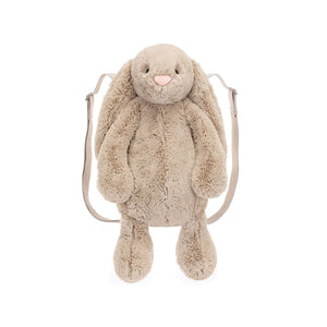 Front view of the Jellycat Bashful Beige Bunny Backpack showcasing the soft bunny face and floppy ears.