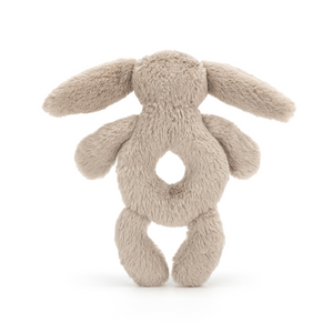 Soft Cuddles & Fun Sounds! The Jellycat Bashful Beige Bunny Ring Rattle combines cuddly fur with a hidden rattle for a delightful sensory experience. (Back view)