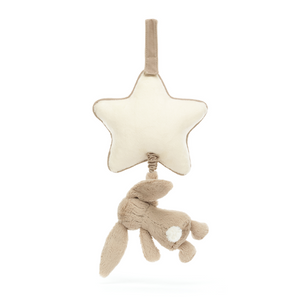 Music to Their Ears! The Jellycat Bashful Beige Bunny Musical Pull offers a soft bunny to cuddle and a gentle lullaby activated by a pull-cord. (Back view)