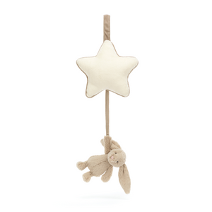 Sweet Dreams Guaranteed! Pull the cord on the Jellycat Bashful Beige Bunny Musical Pull to activate a gentle lullaby, perfect for bedtime. (Bunny pulled to full length)