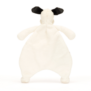 Sweet Dreams Guaranteed! The Jellycat Bashful Black & Cream Puppy Comforter offers a soft puppy to cuddle and a luxuriously soft blanket for a secure night's sleep. (Back view)