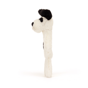Easy to Grasp, Fun to Shake! The Jellycat Bashful Black & Cream Puppy Ring Rattle's lightweight design and engaging rattle make it perfect for little hands. (Side view)