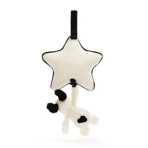 Music to Their Ears! The Jellycat Bashful Black & Cream Puppy Musical Pull offers a soft puppy to cuddle, a hidden pull-cord, and a gentle lullaby for a calming bedtime routine. (Back view)