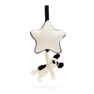 Cuddly Companion & Soothing Melodies: The Jellycat Bashful Black & Cream Puppy Musical Pull features a soft puppy waiting to be your little one's friend and a hidden cord for lullabies. (Pull unpulled)
