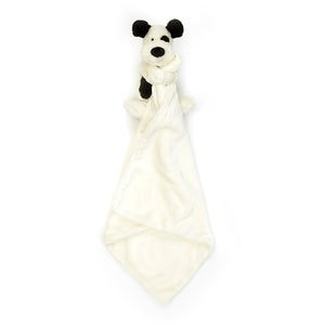 Ready for Adventures & Sweet Dreams! The Jellycat Bashful Black & Cream Puppy Soother, with its playful pup and hanging blanket, is the perfect companion for on-the-go comfort. (Hanging with blanket below)