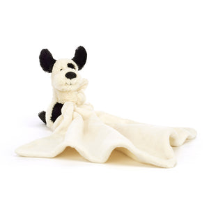 Double the Comfort for Sleep! The Jellycat Bashful Black & Cream Puppy Soother features a soft puppy with a luxuriously soft blanket, perfect for bedtime snuggles. (Blanket in front)