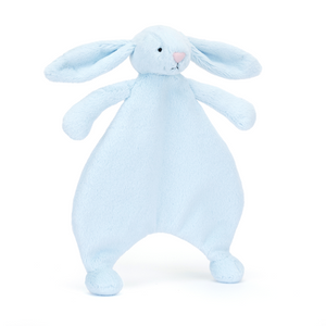 Ready for Adventures & Sweet Dreams! The Jellycat Bashful Blue Bunny Comforter, with its lightweight design and playful bunny with a blanket, is a perfect on-the-go companion. (Angled view)