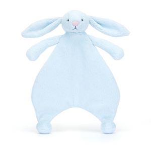 Warm & Cuddly Comfort! The Jellycat Bashful Blue Bunny Comforter features a soft bunny and a luxuriously soft blanket, perfect for bedtime snuggles. (Front view)