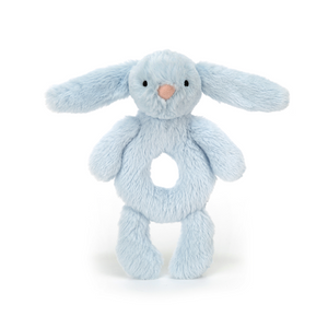 Fun playtime with the Jellycat Bashful Blue Bunny Ring Rattle! Adorable blue bunny rattle with easy-to-grasp ring and built-in rattle for shaking fun.