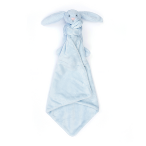 Jellycat Bashful Blue Bunny Soother showing the bunny sweetly hugging the fur square.