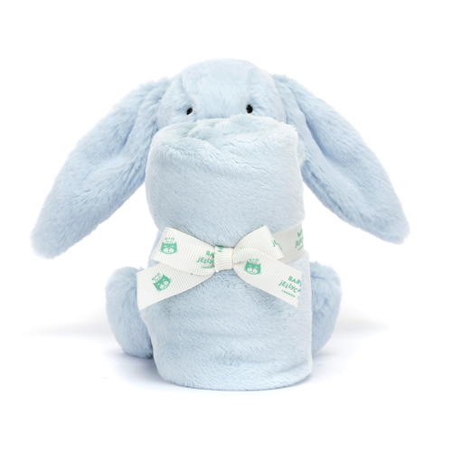 Jellycat Bashful Blue Bunny Soother, emphasizing its long floppy ears and fur square tied fur square with a baby Jellycat ribbon.
