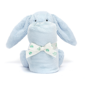 Jellycat Bashful Blue Bunny Soother, emphasizing its long floppy ears and fur square tied fur square with a baby Jellycat ribbon.