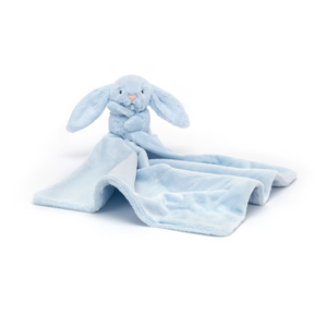 Adorable Jellycat Bashful Blue Bunny Soother facing front, highlighting its sweet pink suedette nose, stitched eyes, and super soft recycled fur square.