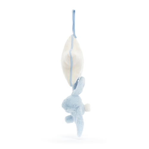 Ready for Lullabies & Adventures! The Jellycat Bashful Blue Bunny Musical Pull's lightweight design and playful bunny with a pull-cord make it perfect for bedtime or playtime. (Side view)