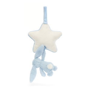 Sleepy Bunny Plays Melodies! The Jellycat Bashful Blue Bunny Musical Pull offers a soft bunny to cuddle, a hidden pull-cord, and a gentle lullaby for a calming bedtime routine. (Back view)