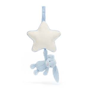 Cuddly Friend & Sleep-Time Songs: The Jellycat Bashful Blue Bunny Musical Pull features a soft bunny with a hidden cord for lullabies and a bashful blush for extra charm. (Pull unpulled)