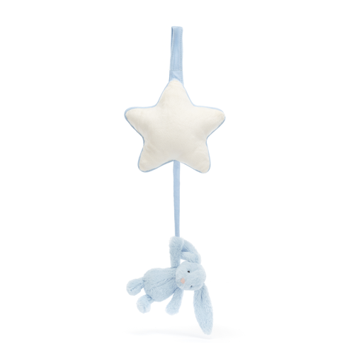 Sweet Dreams Guaranteed! Pull the cord on the Jellycat Bashful Blue Bunny Musical Pull to activate a gentle lullaby, perfect for bedtime snuggles. (Pull fully pulled)