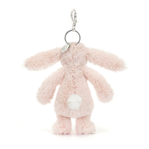 Back view of Jellycat Bashful Blush Bunny Bag Charm, with the soft, plush fur and keyring attachment.