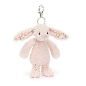 Front view of Jellycat Bashful Blush Bunny Bag Charm, showcasing its soft blush pink fur and floppy ears.