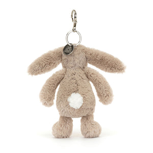 Back view of Jellycat Bashful Beige Bunny Bag Charm (2025), featuring the soft plush fur and keyring attachment.