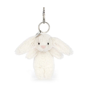 Jellycat Bashful Bunny Cream Bag Charm with floppy ears and a sweet pink nose and a silver clip.