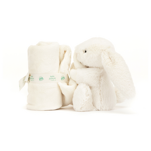 Peek-a-Boo Comfort: The Jellycat Bashful Cream Bunny Soother features a peeking bunny with its luxuriously soft blanket rolled up, ready for playtime or sleep.