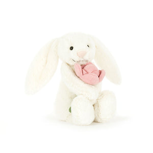 Angle view of Jellycat Bashful Bunny ‘Peony’, highlighting its sweet face and cuddly appearance.