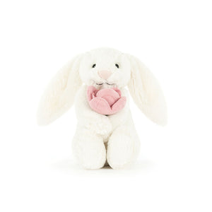 Front view of Jellycat Bashful Bunny ‘Peony’, showcasing its soft pastel pink fur and floppy ears.