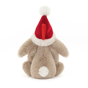 Cuddly Jellycat Bashful Christmas Bunny Decoration (back view): Praline bunny with berry hat, pompom and a white pompom tail.