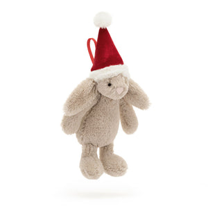 Jellycat Bashful Christmas Bunny Decoration: Praline bunny with berry hat, cream trim & pompom. With a red ribbon loop for hanging on the tree.