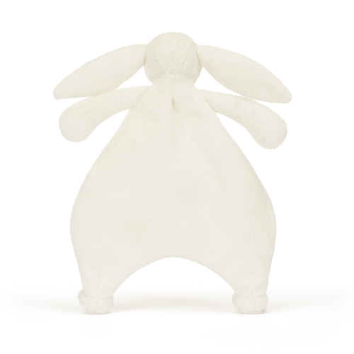 Back View: Sleepytime security! The Jellycat Bashful Cream Bunny Comforter's soft bunny buddy offers comfort from any angle, with a snuggly cream blanket for ultimate coziness.