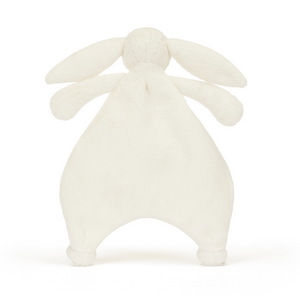 Back View: Sleepytime security! The Jellycat Bashful Cream Bunny Comforter's soft bunny buddy offers comfort from any angle, with a snuggly cream blanket for ultimate coziness.