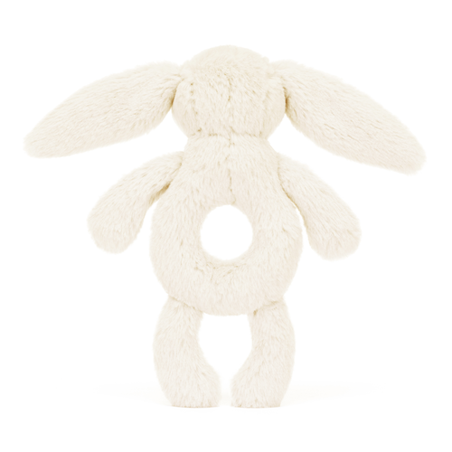 Back View: Bunnies and rattles for tiny treasures! The Jellycat Bashful Cream Bunny Ring Rattle provides a soft, huggable bunny friend with a stimulating rattle on the back.