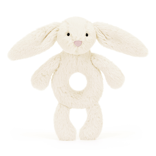 Front View: Soothe and entertain! The Jellycat Bashful Cream Bunny Ring Rattle features a soft bunny for cuddles and a rattling ring for playtime.