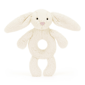 Front View: Soothe and entertain! The Jellycat Bashful Cream Bunny Ring Rattle features a soft bunny for cuddles and a rattling ring for playtime.