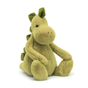 Jellycat Really Big Bashful Dino plush toy, featuring soft green fabric, a friendly face, and cuddly oversized design, shown from the front .