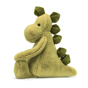 Side profile of Jellycat Really Big Bashful Dino, highlighting its long tail, textured plush fabric, and playful oversized design.