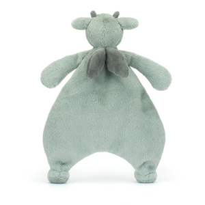 Backside view of the Jellycat Bashful Dragon Comforter, emphasizing its soft mossy-green fur, suedette wings ready for imaginary flight adventures.