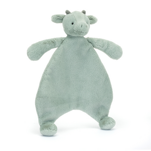 Jellycat Bashful Dragon Comforter at an angle, showcasing its soft mossy-green fur made from recycled fibers, unstuffed body for easy cuddling.