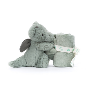 Jellycat Bashful Dragon Soother, emphasizing its soft moss-green fur, neatly rolled presentation tied with a Baby Jellycat ribbon.