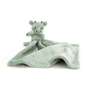 Jellycat Bashful Dragon Soother, showcasing its soft moss-green fur made from recycled materials, holding an unstuffed square soother, and a friendly embroidered smile.